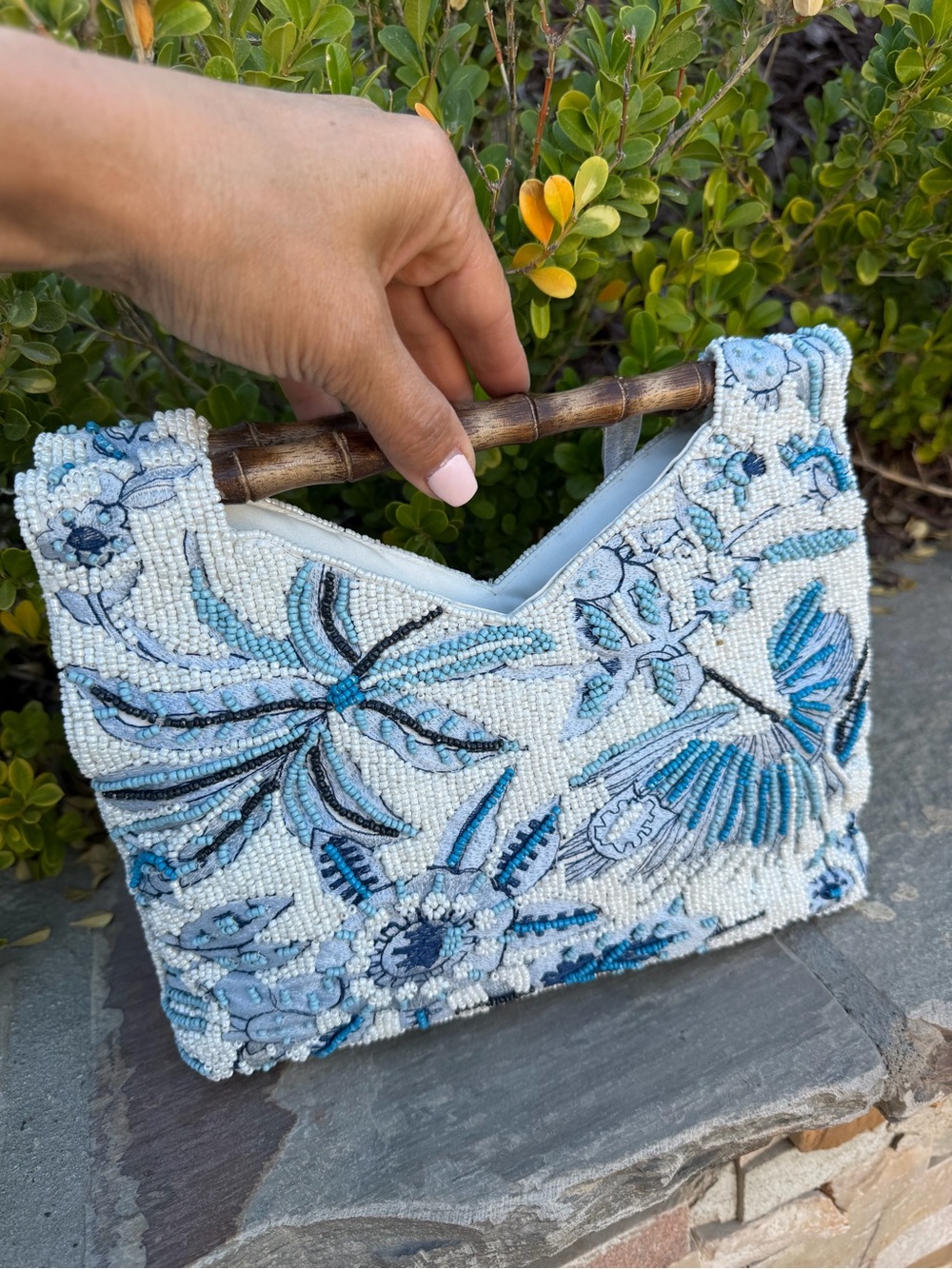 NWT BEADED PURSE Blue Floral BAG w Bamboo Handle Sequin Statement Bag - Picture 10 of 16